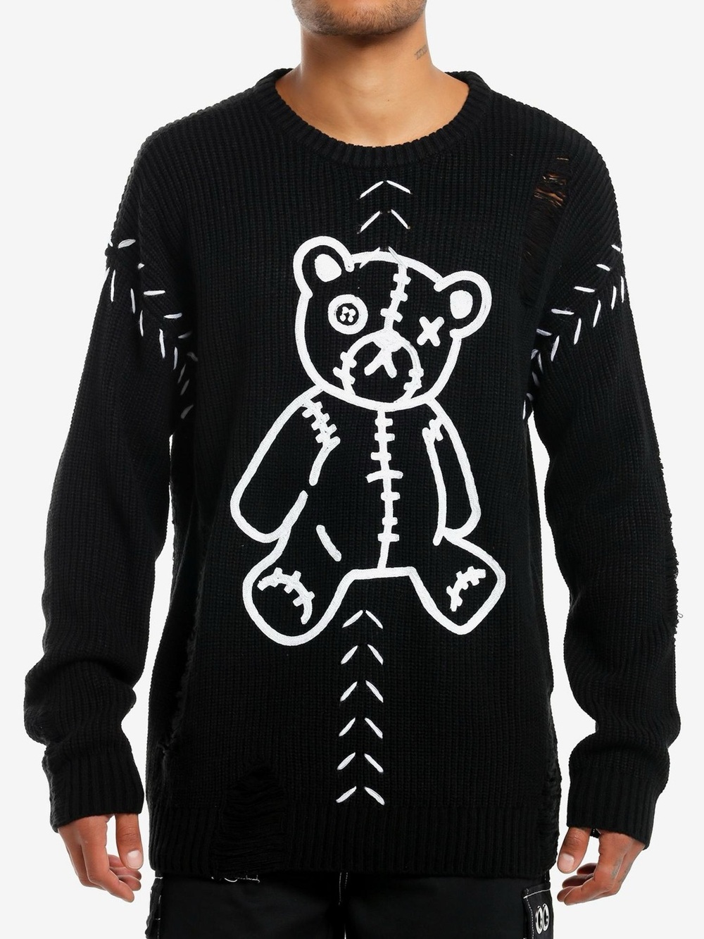 Hot Topic Black Teddy Bear Stitch Destructed Crewneck Graphic Sweater
